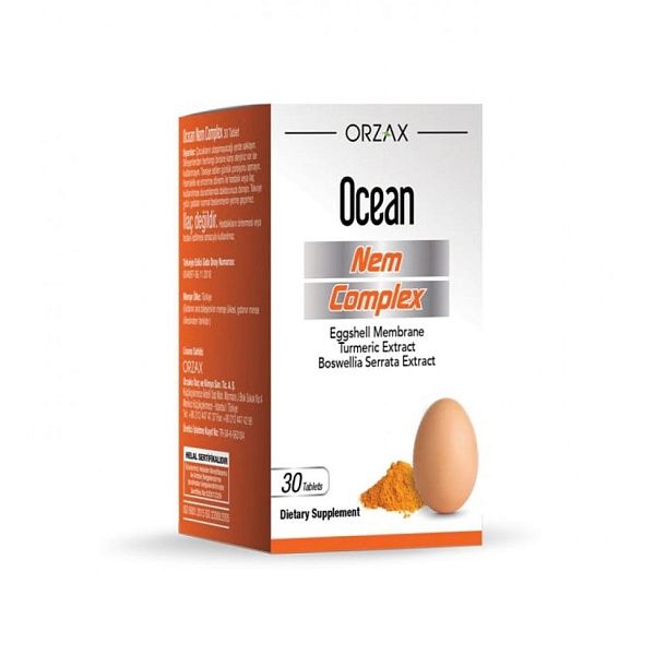Orzax - Ocean Nem Complex - мембрана яичной скорлупы, здоровье костей, суставов и связок, куркума, босвеллия, 30 таблеток