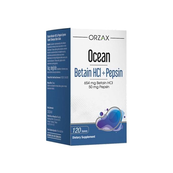 Orzax - Ocean Betain HCl + Pepsin - кишечник и желудок, бетаин гидрохлорид, пепсин, 120 таблеток