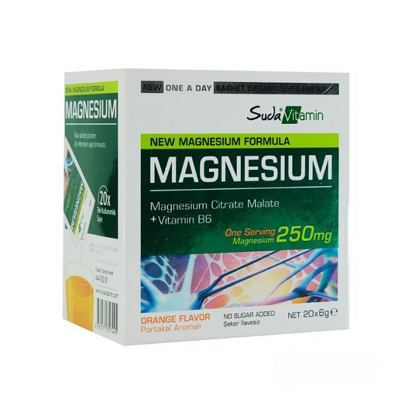 Suda Vitamin - Magnesium - для костей, суставов и связок, мозга и нервной системы, сердца и сосудов, со вкусом апельсина, 20 пакетиков по 6 гр.