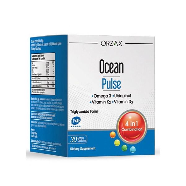 Orzax - Ocean Pulse - рыбий жир, витамины K2 D3, улучшение мозговой и нервной системы, сердца, сосудов и глаз, 30 капсул